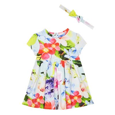 Baby girls' multi-coloured floral print dress and headband set